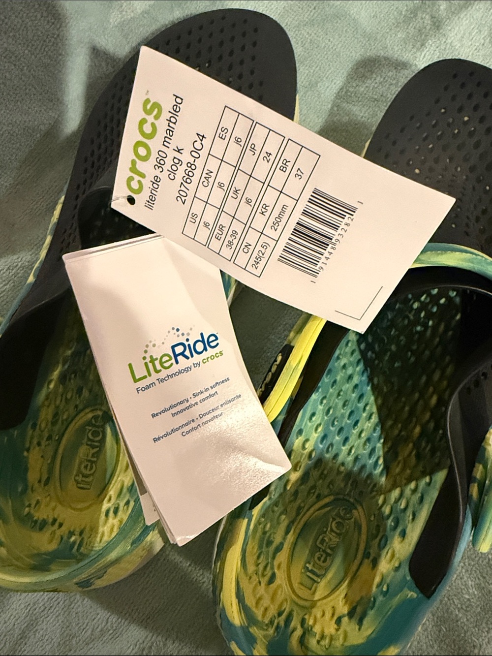 CROCS LiteRide Marbled Yellow & Teal with Black Upper - Picture 6 of 6